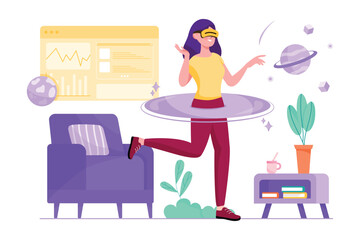 Metaverse purple concept with people scene in the flat cartoon style. Girl play computer games in cyber space using innovation technologies and gadgets. Vector illustration.