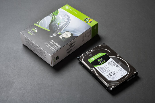 ZhongShan China-March 10,2021:Seagate hard disk on dark background horizontal composition.