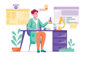 Science Laboratory purple concept with people scene in the flat cartoon style. Scientist conducts various chemical experiments in the laboratory. Vector illustration.