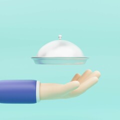 3d hand holding a dish with a lid, serving hot dishes, isolated illustration on a white background, 3d rendering
