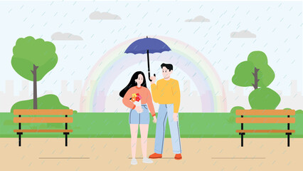 Romantic couple dating, outdoor with rain and rainbow. Valentine's day or birthday celebration. Man presents flowers and balloons to woman in the park. Cartoon, vector illustration. 