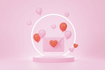 Happy Valentine's Day holiday banner. Greeting design with abstract 3d composition for Valentine's Day. 3d render illustration with envelope, hearts, balloons on podium with neon circle.