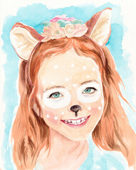Girl with deer face painting. Young child with unusual patterns on face. Creativity and art, masquerade and play for children. Hand drawn watercolor portrait of smiling little girl.