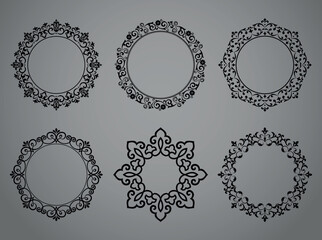 Set of decorative frames Elegant vector element for design in Eastern style, place for text. Floral black and gray borders. Lace illustration for invitations and greeting cards