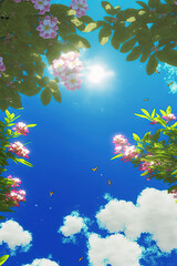 Fototapeta na wymiar Blue sky and flowers, wallpaper, background. Generative AI.