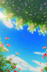 Fototapeta na wymiar Blue sky and flowers, wallpaper, background. Generative AI.
