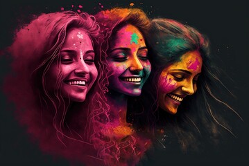 Celebration of Holi festival day colorful illustration of women covered in paint illustration generative ai