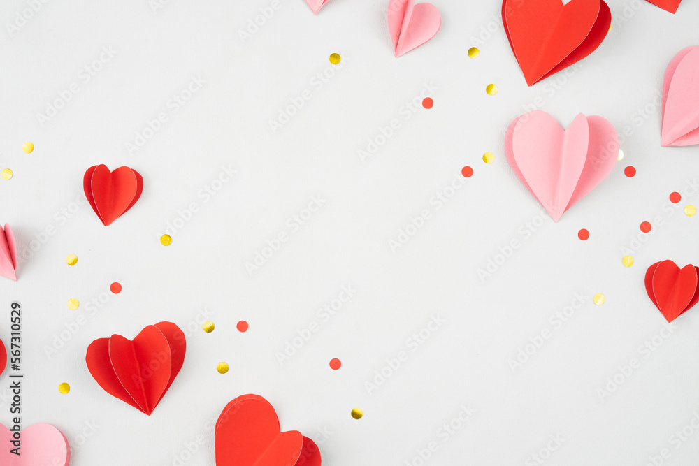 Poster Origami hearts flat lay composition into frames for backgrounds and copy spaces