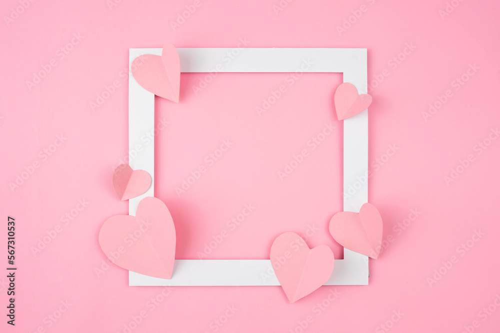 Poster square frame with pink love shape for text copy space. valentine and romantic background design