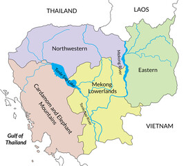 Map of Cambodia includes four regions: Northwestern, Cardamom and Elephant Mountains, Mekong Lowlands, and Eastern. Mekong River basin and Tonle Sap Lake