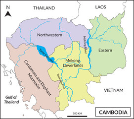 Obraz premium Map of Cambodia includes four regions: Northwestern, Cardamom and Elephant Mountains, Mekong Lowlands, and Eastern. Mekong River basin and Tonle Sap Lake