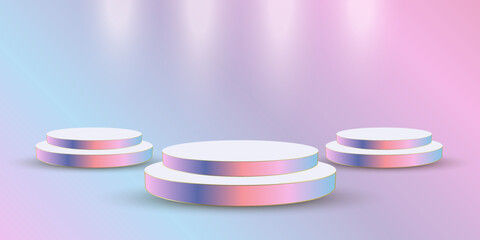 Three podiums in colorful Pospot light on the top. 3 stages of Award ceremony concept design