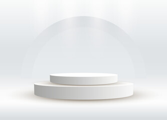 Two Abstract podium silver cylinder pedestal stage. A white empty stage concept with semi circle glowing neon lighting