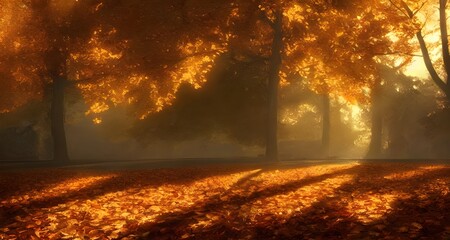 秋の紅葉と木漏れ日の森_48