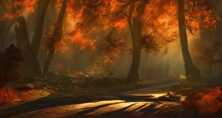 秋の紅葉と木漏れ日の森_43