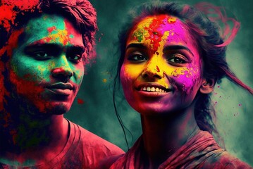 Celebration of Holi festival day colorful illustration of man and woman covered in paint illustration generative ai