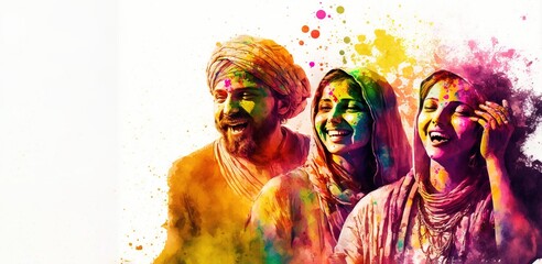 Celebration of Holi festival day colorful illustration of people covered in paint illustration generative ai