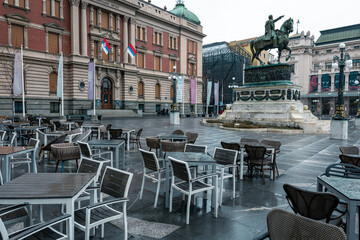The Republic Square (Trg Republike in Serbian) with old Baroque style buildings, the statue of Prince Michael and the National Museum.