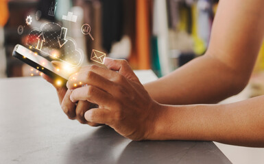 Hand touching smartphone login cloud processing for modern business technology digital concept icon