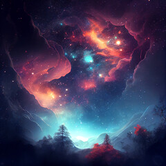 Obraz na płótnie Canvas Fantasy night scenery with trees and sky with beatiful stars and galaxies, ai illustration