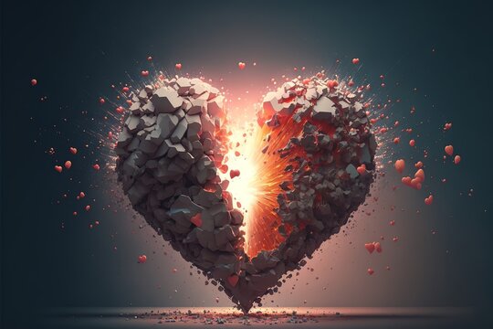 heart split, exploding. broken heart love concept. ai generative content