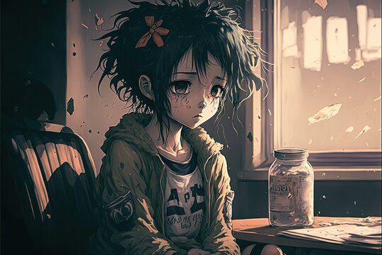 Depressed Anime Girl In School Class Illustration Generative Ai