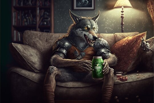 wolf sitting in sofa drinking beer watching american football on tv. ai generative