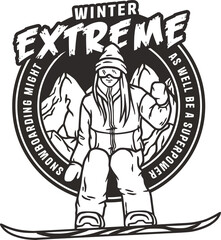 Fototapeta na wymiar Snowboarder or woman on a snowy mountain. Winter extreme sport. Emblem about snowboarding