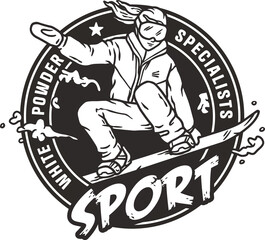 Snowboarder or woman on a snowy mountain. Winter extreme sport. Emblem about snowboarding