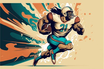 American football player illustration running with ball in hands. ai generative.