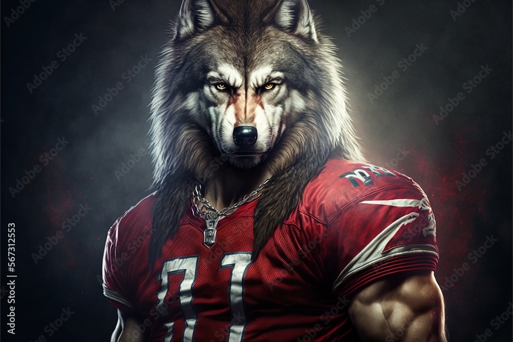 Wall mural wolf as a american football player dressed with a red uniform for a game. ai generative content