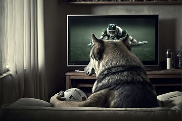 wolf sitting on the couch watching a football match