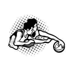 two boys playing basket ball black and white