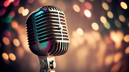 Retro Microphone On Stage With Bokeh Light as a background. Generative AI