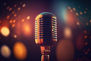 Retro Microphone On Stage With Bokeh Light as a background. Generative AI