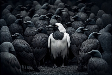 White crow among black crows.. AI generated. - obrazy, fototapety, plakaty