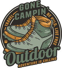 Wonderer or backpack traveler nature explorer man. Outdoor adventres and activities. Camping poster or print