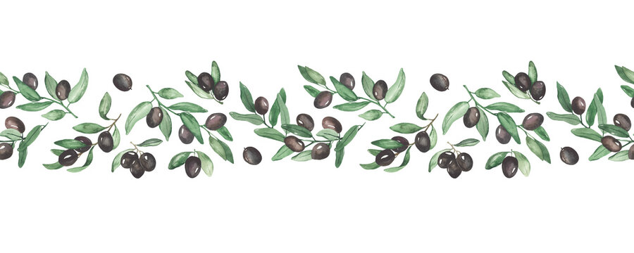 Watercolor seamless border with olives, olive branches, oil, black olives 2 © MarinaErmakova
