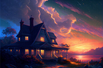 Fantasy night scenery with house against the beatiful clouds, river and trees, ai illustration