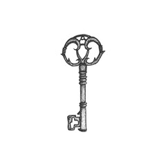 Vintage drawing of old ancient door key. Old key sketch isolated on white background 