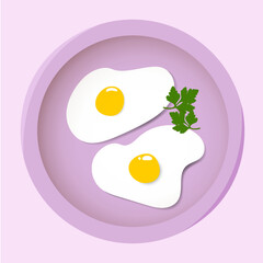 Fried scrambled eggs with greens in a purple plate for breakfast in flat style.