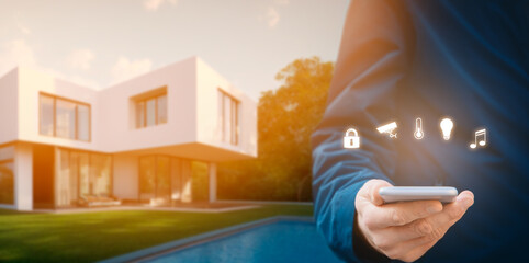 Smart home and intelligent house concept with generative AI modern villa in background