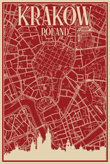 Red hand-drawn framed poster of the downtown KRAKOW, POLAND with highlighted vintage city skyline and lettering