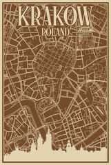 Obraz premium Brown hand-drawn framed poster of the downtown KRAKOW, POLAND with highlighted vintage city skyline and lettering