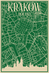 Green hand-drawn framed poster of the downtown KRAKOW, POLAND with highlighted vintage city skyline and lettering