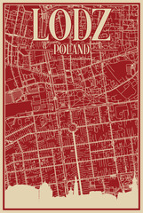 Red hand-drawn framed poster of the downtown LODZ, POLAND with highlighted vintage city skyline and lettering
