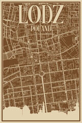 Brown hand-drawn framed poster of the downtown LODZ, POLAND with highlighted vintage city skyline and lettering
