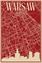 Red hand-drawn framed poster of the downtown WARSAW, POLAND with highlighted vintage city skyline and lettering