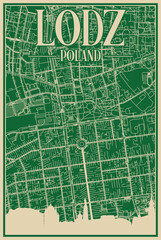 Green hand-drawn framed poster of the downtown LODZ, POLAND with highlighted vintage city skyline and lettering