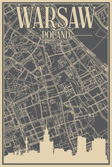 Grey hand-drawn framed poster of the downtown WARSAW, POLAND with highlighted vintage city skyline and lettering